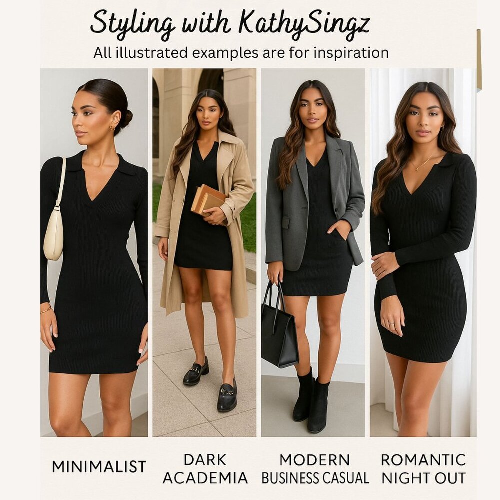 PrettyLittleThing Black Mini Dress Size 6 Ribbed Knit Bodycon Long Sleeve Preppy - Picture 3 of 10